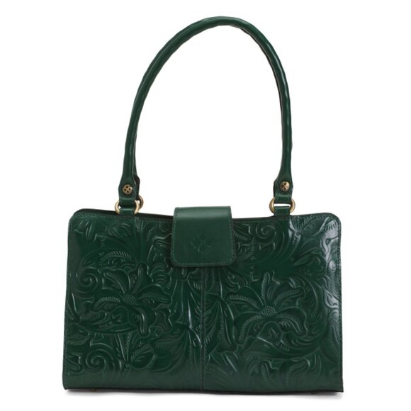 PATRICIA NASH Soft Green Leather Rienzo Double Handle Tooled Satchel